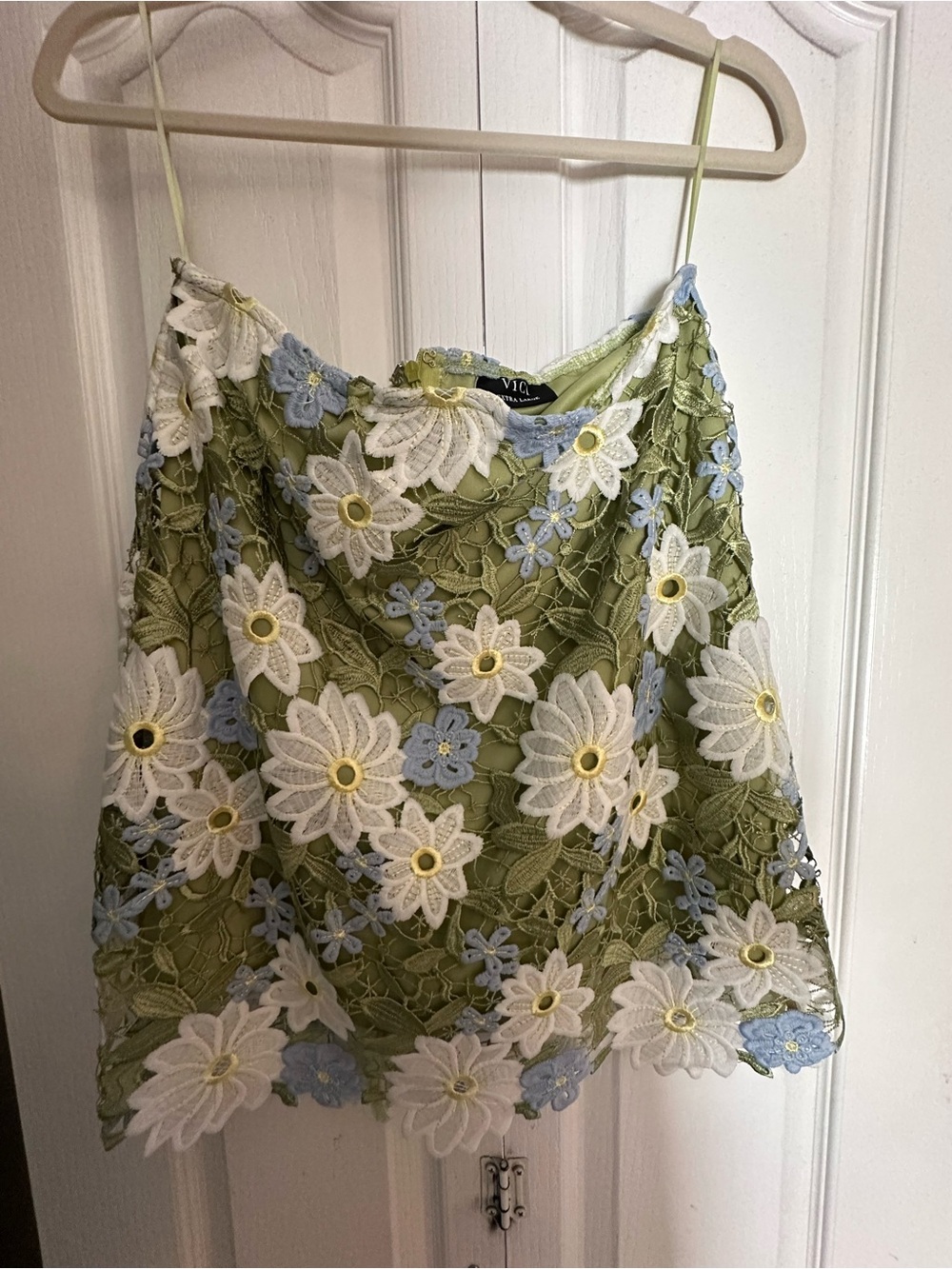 Floral Lace Skirt in Green with White & Light Blue Flowers